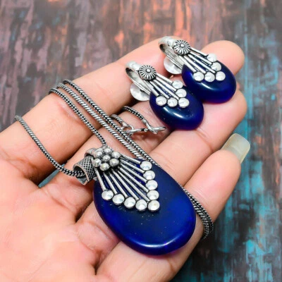 Conjunto de joyería de collar + pendiente de piedras preciosas de ónix azul hecho a mano z513 Foto 1 de 4