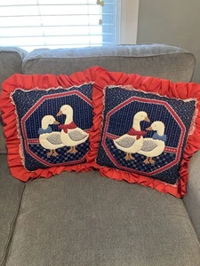 2 - Throw Pillow Quilted Country Scene Kitchen Geese Handmade Cottage Core 15” - Picture 1 of 4