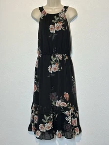 Black Chiffon Floral Tiered Midi Dress Halter L Boho Cottagecore Fairy Whimsigot - Picture 1 of 7