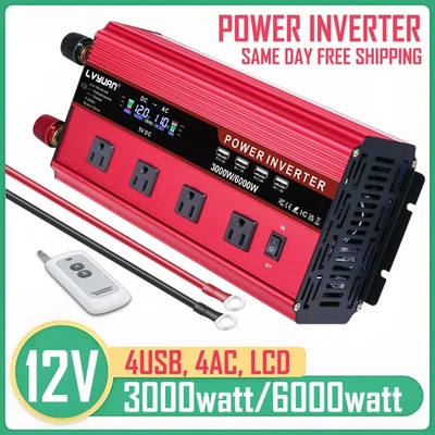 3000W 6000W Power Inverter 12V to 110V 4USB 4AC LCD Remote Converter Camping - Image 1 of 4