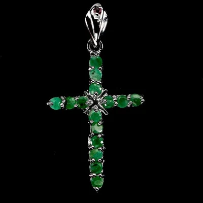 Black Friday Sterling Silver Pendant Round Emerald 2.5mm Rhodolite Cross Jewelry - Image 1 of 4