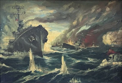 Arte original de la escena de la guerra naval de la Segunda Guerra Mundial de la Segunda Guerra Mundial (pintado en teatro 1939-1945) Foto 1 de 4