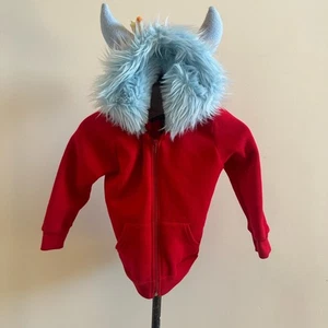 Roter Hoodie Jungen Mädchen Größe 6 skurril blau Hörner Fell Vogel Reißverschluss Handarbeit  - Bild 1 von 10