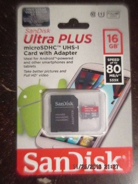 SanDisk Ultra Plus 16GB microSD SDHC SDXC Class 10 80MBs Flash Card + SD Adapter - Image 1 of 1