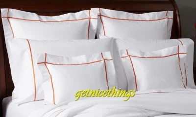 $100 New Yves Delorme White Sham 12x17" Athena Coral Stripes 500TC Cotton France - Image 1 of 4