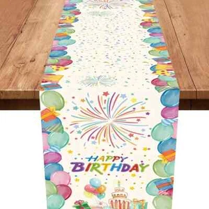 1pc 13"X72" Colorful Linen Happy Birthday Table Runner, Birthday Party Decor - Picture 1 of 5