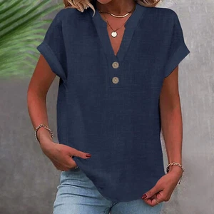 Women's V-Neck Short Sleeve Cotton Linen Blouse Top Lightweight Summer Shirt - Picture 1 of 61