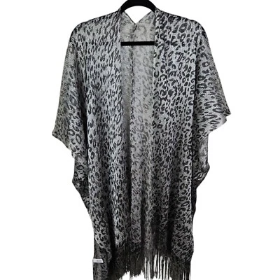 Leopard Print Silver Fringe Shawl Kimono Cover up Mesh Open Front One Size - Image 1 of 4