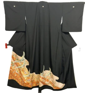 Kimono Tomesode japonés vintage poliéster grúa negra escudo familiar altura 62 pulgadas - Imagen 1 de 23