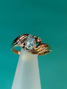 14K MASSIVER GELBGOLD SCHÖNER BLAUTOPAS & DIAMANTEN DAMENRING Größe 4 1/4 - Bild 1 von 7