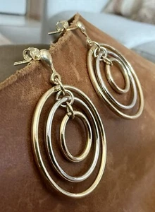 Elegant Vintage Two Tone Solid 14k Gold ALAD Italy Triple Circle Drop Earrings - Picture 1 of 13