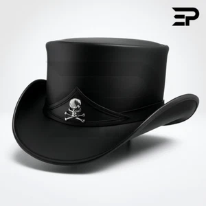 Black Leather Steampunk Top Hat Skull & Crossbones Gothic Pirate Cosplay Hat - Picture 1 of 4