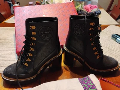 Tory Burch Miller 95 mm Lug Sole Lace Up  Heeled Logo Bootie Black Boot  US 6.5 - Image 1 of 4
