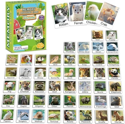 50 Pairs Memory Matching Game Animal Babies Concentration Memory Card Educati... - Image 1 of 4