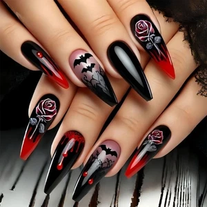 Horror Theme Artificial Nail Bloody Bat Floral Pattern ABS Build Nail Long Last - Picture 1 of 8