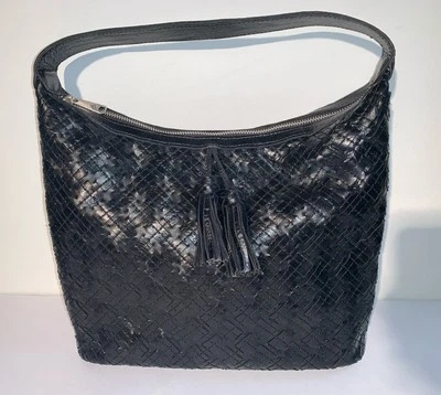 Patricia Nash Braided Stitch Maissana Leather Hobo Bag Black With Tassels - Image 1 of 4