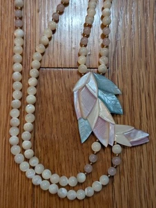 Vtg Floral Leaf Pearl Shell Glass Pink White Stone 2 Strand Beaded Necklace - Picture 1 of 9