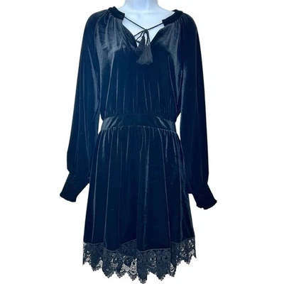 Vestido de fiesta Chelsea & Violeta negro terciopelo encaje ribete talla L manga larga caprichoso Foto 1 de 4