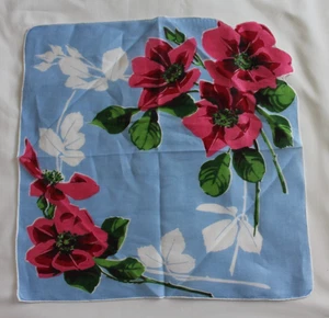 Vintage Hanky Handkerchief ~ Blue with Pink Geraniums Design - Picture 1 of 9