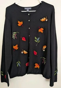 Vintage Northern Isles Strickjacke Jacke Pullover bestickt Herbst Blätter schwarz - Bild 1 von 9