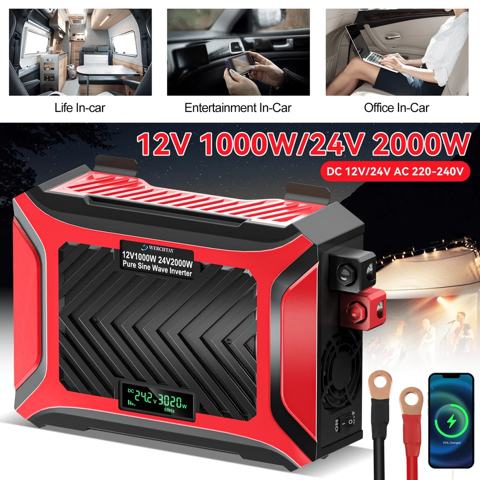 WERCHTAY Convertidor de voltaje de doble voltaje 12V1000W y 24V2000W inversor de onda sinusoidal pura