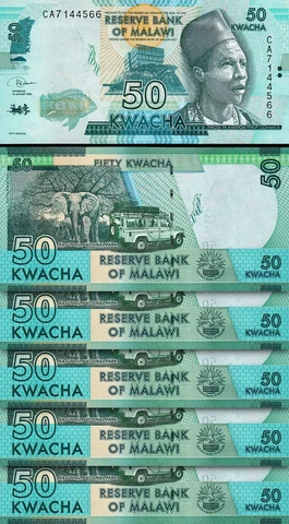 Malawi 50 Kwacha 2020, UNC, 5 PCS Lot, P-New, New Signature Cover