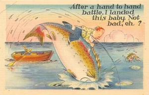 Vintage Comic Postkarte: Nach einem Kampf von Hand zu Hand landete ich dieses Baby, Leinen - Bild 1 von 2