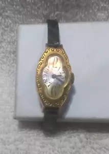 Kingsmark Aufziehuhr Gold Art Deco Gehäuse Damen Silber Zifferblatt Leder Service - Bild 1 von 13