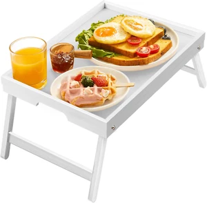 White Bamboo Bed Tray for Breakfast, Snack Table with Folding Legs, Multipurpose - Picture 1 of 12