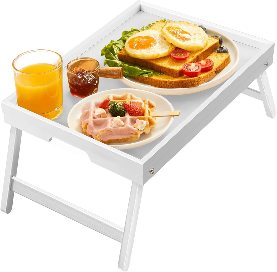 White Bamboo Bed Tray for Breakfast, Snack Table with Folding Legs, Multipurpose - Image 1 of 4