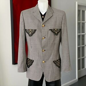 GIANNI VERSACE blazer checkered wool leather & studded 4 button from S/S 1993