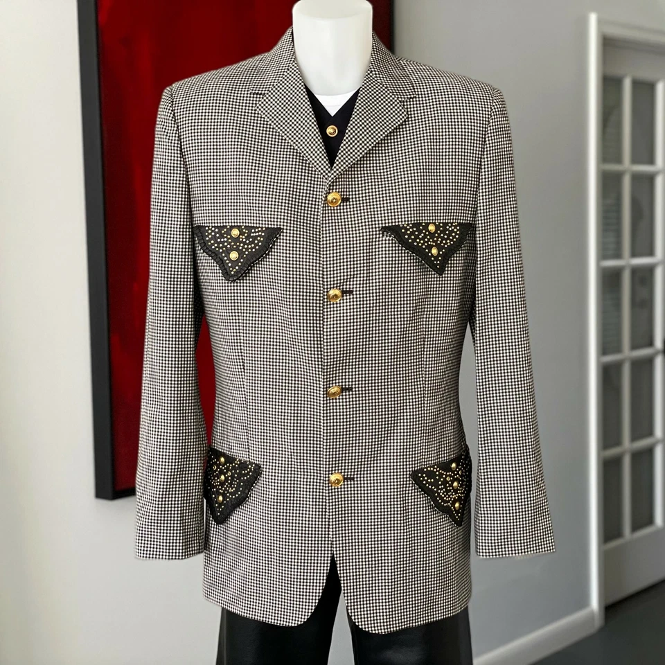 GIANNI VERSACE blazer checkered wool leather & studded 4 button from S/S 1993 - Image 1 of 4