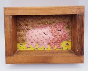 Pigs Wall Hanging Decor Shadow Box 1970's Quilted Embroidered Country  Farmhouse