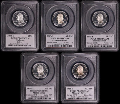 2003-S AL, AR, IL, ME, & MO Silver State Quarter 5 Coin Set PCGS PR-69 DCAM - Image 1 of 2