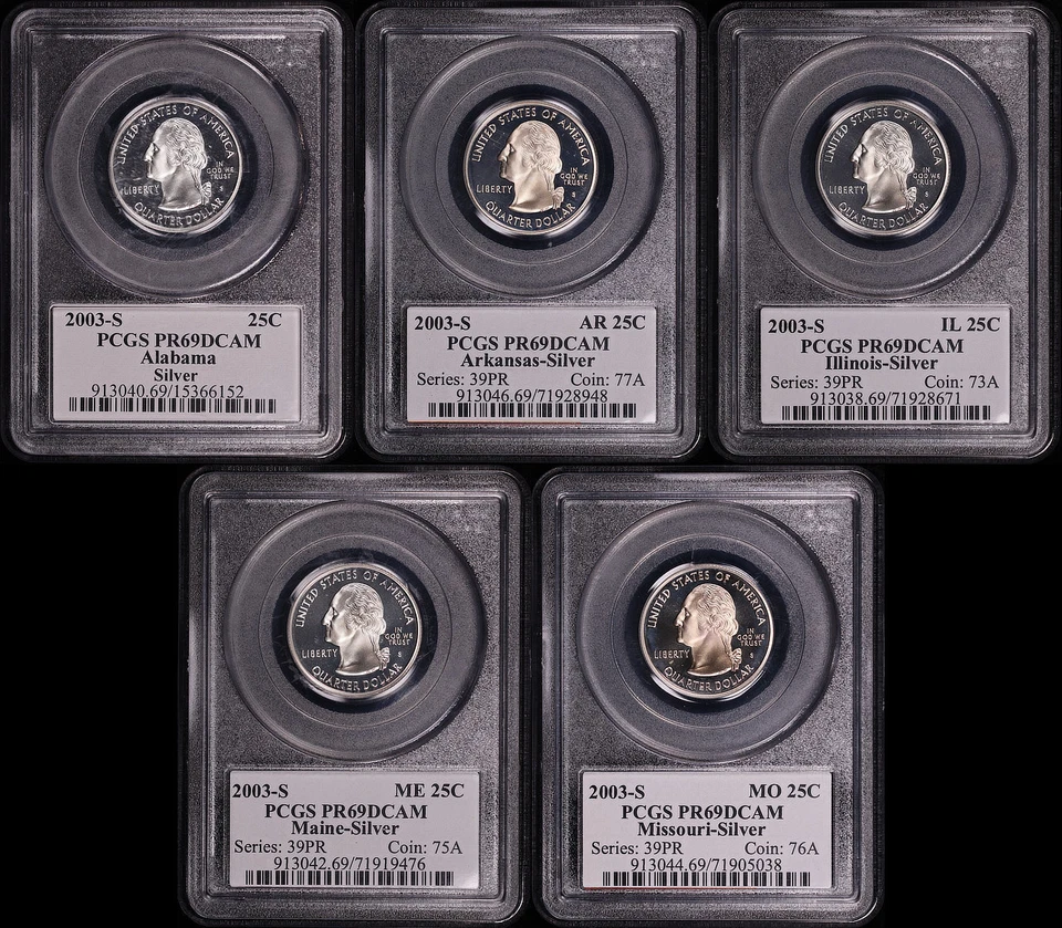 2003-S AL, AR, IL, ME, & MO Silver State Quarter 5 Coin Set PCGS PR-69 DCAM - Image 1 of 2