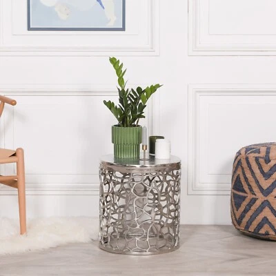 Fretwork Aluminium Hammered Stool Side Drum Table Lamp Plant Stand Bedside - Image 1 of 4