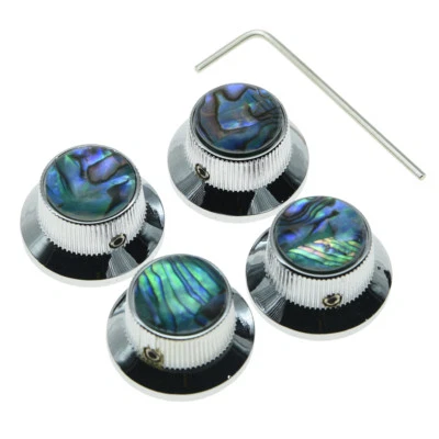 4-Pack Chrome Abalone Top Guitar Metal Top Hat Bell Knobs for 6mm Pots Set Screw - Image 1 of 4