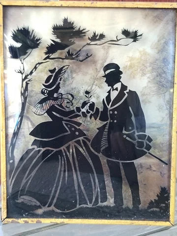 Vintage Romantic Courting Couple Convex Glass Silhouette Man Woman Wall Art Cover