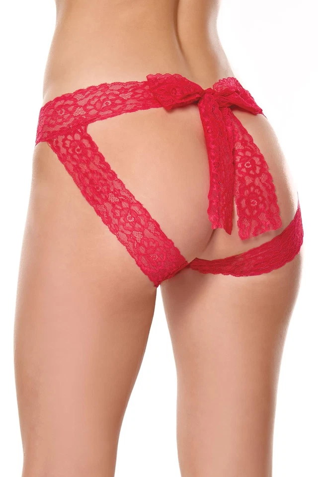 Panty Coquette Holiday sin entrepierna con bonito lazo trasero de encaje rojo Foto 1 de 4