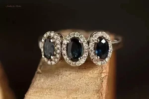 3Ct Oval Lab-Created Sapphire Halo Engagement Women's Ring 14k White Gold Plated - Picture 1 of 12