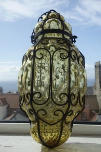 Vintage caged bubble glass green yellow large size retro light fitting lantern - Picture 1 of 8