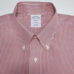 Brooks Brothers Shirt Sz 16.5 Regent Fit Red White Stripe Long Sleeve No Iron - Picture 1 of 14