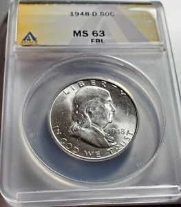 1948-D U.S. Franklin Silver Half Dollar ANACS MS-63FBL - Picture 1 of 4