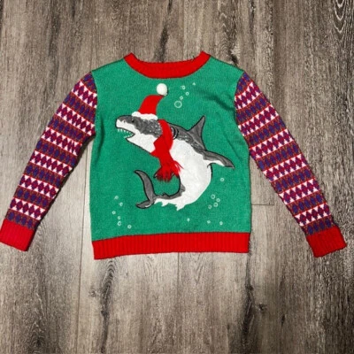 Suéter de Natal Blizzard Bay meninos tubarão Papai Noel férias P 8 malha verde/vermelha - Imagem 1 de 4
