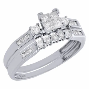 10K White Gold Princess Diamond Bridal Set Engagement Ring + Wedding Band 1/2 Ct - Picture 1 of 5
