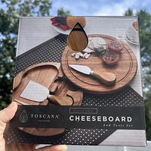TOSCANA 7” CHEESEBOARD CHARCUTERIE & TOOLS SET ACACIA WOOD SWIVEL OPEN NIB - Picture 1 of 12