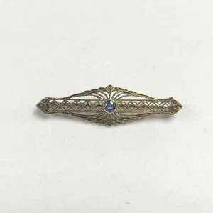 e805 Vintage 14K Yellow Gold Blue Sapphire Filigree Pin Brooch - Picture 1 of 4