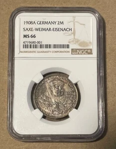 Saxe-Weimar-Eisenach (Germany) - 1908 Silver 2 Mark (NGC MS 66) - Picture 1 of 4