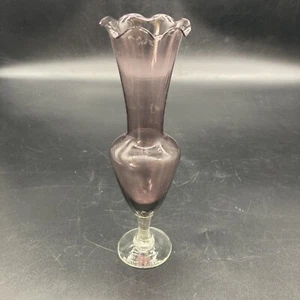 Hand Blown Purple Ruffled Rim Bud Vase Wit A Clear Base 8’’ Tall - Picture 1 of 4