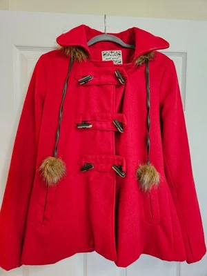 abrigo mujer guisante rojo, capucha con ribete de piel sintética y borla capucha tiradores Foto 1 de 4